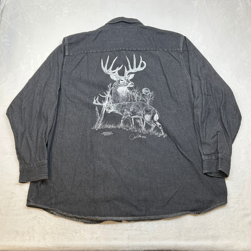 Jerzees Deer Print Shirt Mens 2XLT 2XL Tall Black Grey Chambray Long Sleeve - Picture 4 of 11